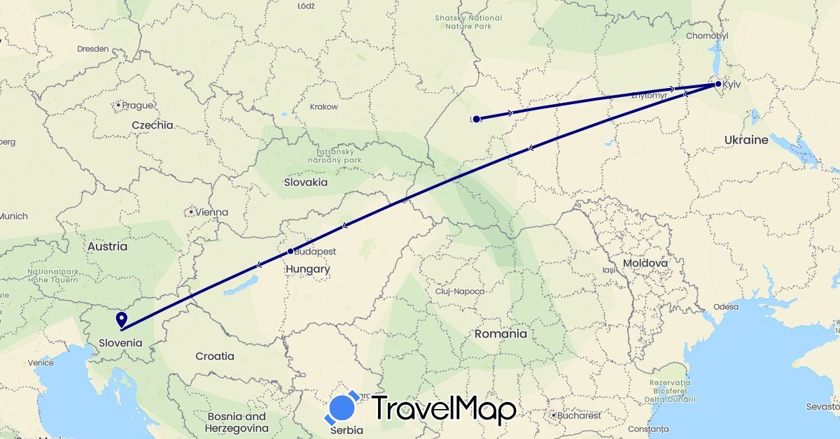 TravelMap itinerary: driving in Hungary, Slovenia, Ukraine (Europe)